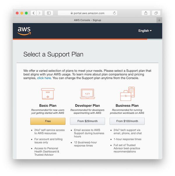 AWS account - Select a Support Plan