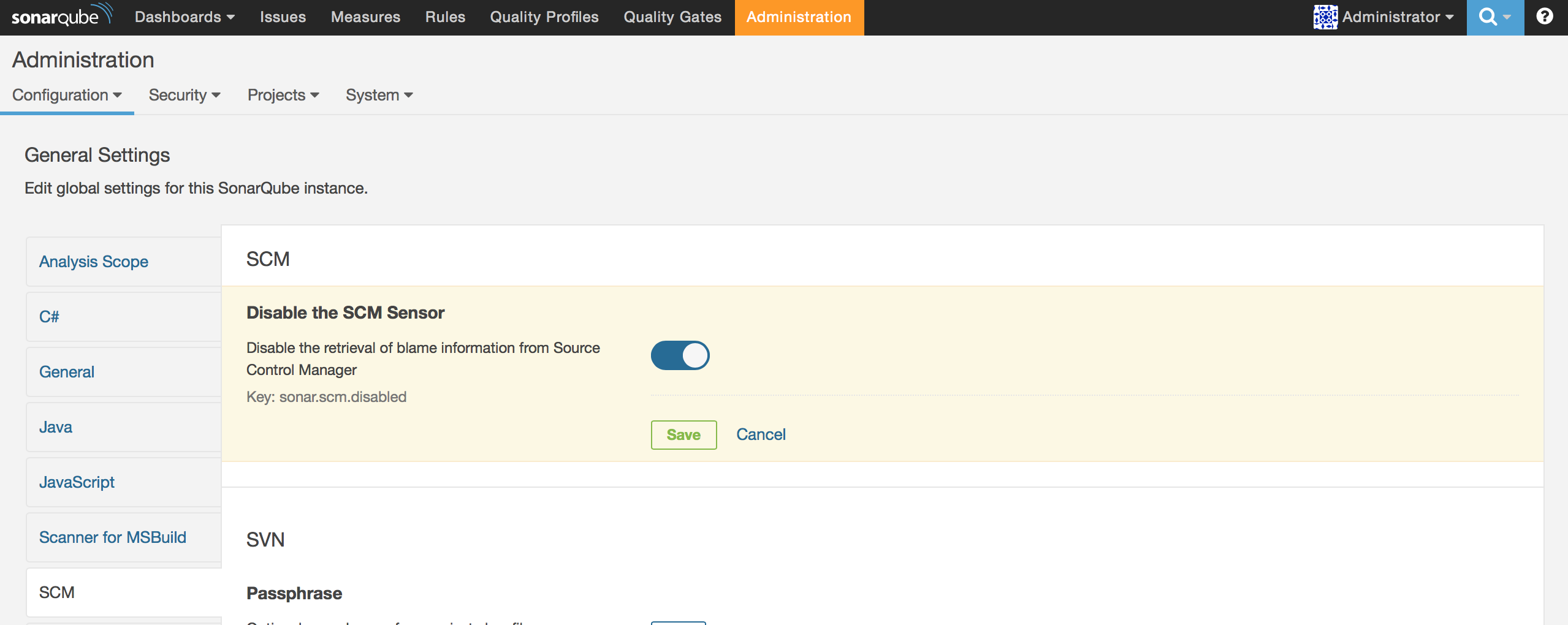 Disable the SCM Sensor - SonarQube